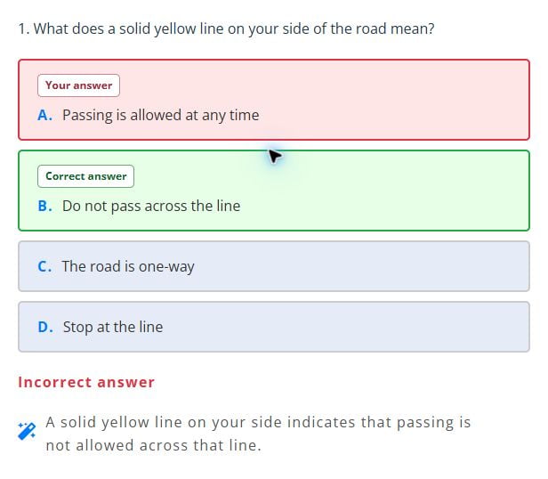 Example answer review showing your answer, the correct answer, and an explanation
